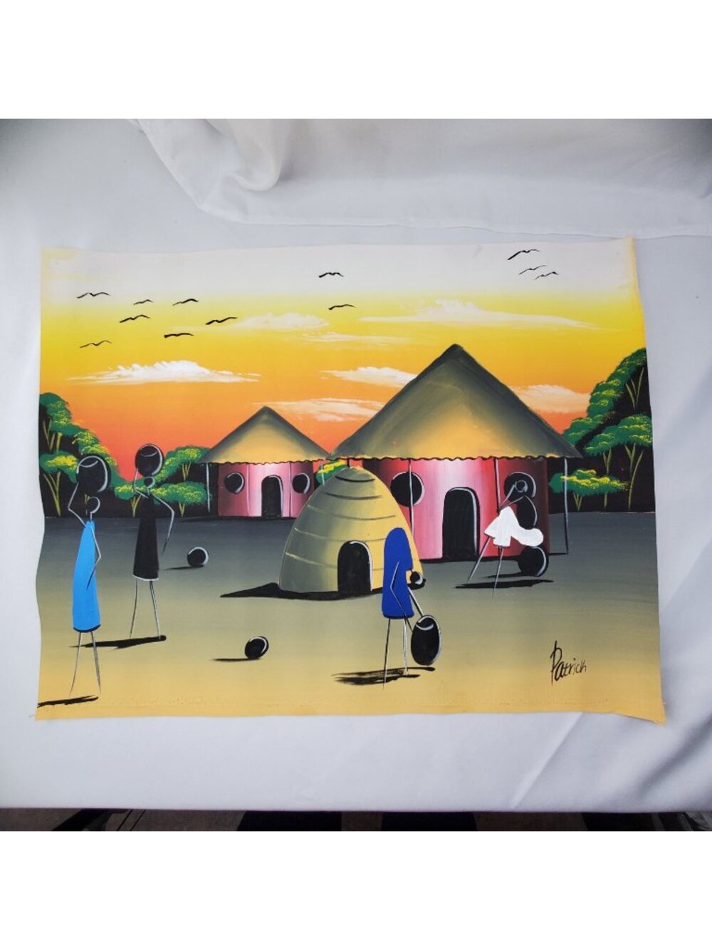 African Village Sunset Canvas Painting By Patrick Folk Art - 19.25" x 15"